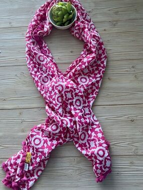 Roller Rabbit Pink Block Print Cotton Scarf Wrap Pom Pom Trim